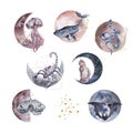 Watercolor set fantastic moon animals