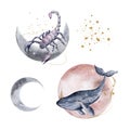 Watercolor set fantastic moon animals