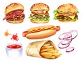 watercolor set of fast food, hand drawn illustration of burger with meat, slises of onion, tomatos, salad and fried Royalty Free Stock Photo