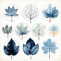 Ethereal Trees: Dark Sky-blue And Light Beige Watercolor Leaf Illustrations
