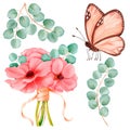 Watercolor set featuring a bouquet of pink anemones tied with a ribbon, adorned with a butterfly and eucalyptus branches Royalty Free Stock Photo