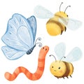 watercolor set featuring insects - bees, a worm, and a butterfly. cartoon style, this collection is perfect for children\\\'s Royalty Free Stock Photo