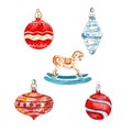 Set of festive midcentury Christmas tree decorations, red glass baubles ornament and rocking horse, isolated on white background.