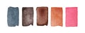 Watercolor set of five bright rectangular shapes with different colors: dark grey, brown variations, pink.