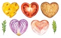 Watercolor set of food hearts isolated on white background. Cheese  tomato  onion  toast  rukkola  ham. Royalty Free Stock Photo