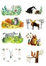 Watercolor set of forest animals and plants in a cartoon style. Hand drawn illustration isolated on a white background Royalty Free Stock Photo