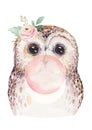 Watercolor forest cartoon isolated cute baby owl with gum, animal with flowers. Nursery woodland illustration. Bohemian Royalty Free Stock Photo
