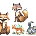 Watercolor set of forest cartoon isolated cute baby fox, deer, raccoon and owl animal with flowers. Nursery woodland illustration Royalty Free Stock Photo