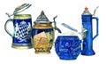 Watercolor set of four bavarian beer ceramic mugs Royalty Free Stock Photo