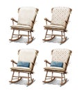 Watercolor set with four cartoon wooden rocking chair with brown pattern and knitted pillow Royalty Free Stock Photo