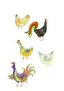 Watercolor set of four hand drawn chickens. Chicken farm watercolor illustration. Ideal for your design. Cartoon style.