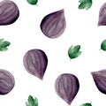 Watercolor set of fresh figs, slices of figs and leaves on a white background. Royalty Free Stock Photo