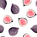 Watercolor set of fresh figs, slices of figs and leaves on a white background. Royalty Free Stock Photo