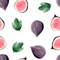 Watercolor set of fresh figs, slices of figs and leaves on a white background. Royalty Free Stock Photo