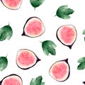 Watercolor set of fresh figs, slices of figs and leaves on a white background. Royalty Free Stock Photo