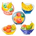 Watercolor set of fruit plates. Illustration of fruits and colorful bowls on an isolated white background. Healthy vegetarian food