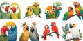 Watercolor set of funny cartoon parrots. Portrait of cute parrot families. Generarive AI