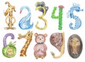 Watercolor set of funny numbers like animals