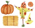 Watercolor set, funny scarecrow, hat, pumpkins and hay stack isolated on white background. For autumn products,cards etc Royalty Free Stock Photo