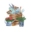 Watercolor set of garden objects wooden box, watering can with flowers, flowerpot. Gardening tools. Spring garden