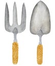 Watercolor set, garden tools, shovel and rake isolated on white background. For various hobby and garden products, etc. Royalty Free Stock Photo