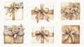 Watercolor set of gift boxes with ribbons and bows. Hand drawn illustration. Generative AI Royalty Free Stock Photo