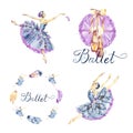 Watercolor set with girl ballerinas dancers, ballet pointes, feathers. Hand-drawn illustration isolated on white Royalty Free Stock Photo