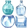 Watercolor set of glass bottle isolated on white. Transparent color glass bottle