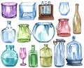 Watercolor set of glass bottle isolated on white. Transparent color glass bottle Royalty Free Stock Photo