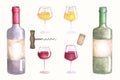 Watercolor set of glasses of different shapes with white and red grape wine, corkscrew and cork.