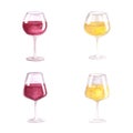 Watercolor set of glasses of different shapes with white and red grape wine. Royalty Free Stock Photo