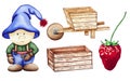Watercolor set of gnome, cart, box and victoria. Hand drawn watercolor drawing of strawberries and boy - gnome. For your