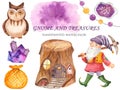 Watercolor set of gnome, owls, stump houses, crystals, a bag of treasure.