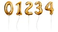 Watercolor set of golden foil balloons digits 0-4. Hand drawn birthday party numbers zero, one, two, three, four on Royalty Free Stock Photo