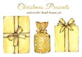 Watercolor set of golden gift boxes. Royalty Free Stock Photo