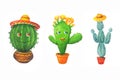 Watercolor set: green cactuses in a hats Royalty Free Stock Photo