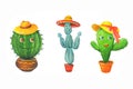 Watercolor set: green cactuses in a hats Royalty Free Stock Photo