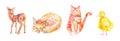 Set of illustrations with fox,cat,duck drawn with wax crayons.Clip art with animals on white isolated background with pastel penc Royalty Free Stock Photo