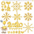 Watercolor set for Greeting Card with cheeses snowflake and symbol Year of the Mouse. winter decor for design.