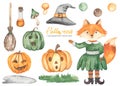 Watercolor set of Halloween animals with witch fox, pumpkins, broom, witch hat, potion, mushrooms
