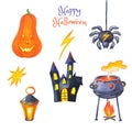 Watercolor set of halloween cartoon elements. Royalty Free Stock Photo