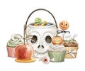 Watercolor set with with halloween funny cute scary variety of sweets