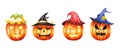 Watercolor set of halloween pumpkins with hats. Happy magical hand painting for holiday isolated on white background Royalty Free Stock Photo