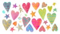 Watercolor set of hand-drawn colorful  hearts, stars and spirals isolated on white. Royalty Free Stock Photo