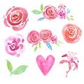 Watercolor set with hand painted blush pink roses, heart and floral compositions, isolated on white background. Royalty Free Stock Photo