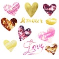 Watercolor set of hand painted shiny pink and gold hearts. Illustration of Love symbols for Valentines day Royalty Free Stock Photo