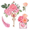 Watercolor Set With Hand Painted Pink Roses And Green Leaves And Heart Shaped Lock And Key, Isolated. Symbols Of Love