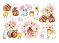 Watercolor set with a hare, flowers in a vase, a chicken, a wreath on a white background