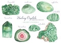 Watercolor set of healing crystals of heart chakra malachite, aventurine, emerald, tourmaline, jade