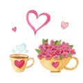 Watercolor set heart, a Cup and flowers.